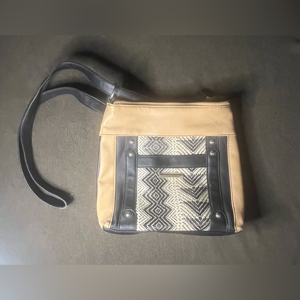 Nicole Miller New York Black & Tan Woven Crossbody Bag Boho Chic